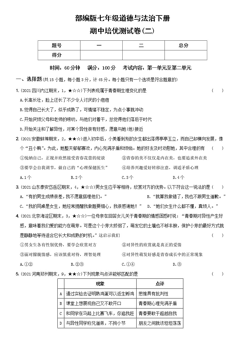部编版 七年级(下)道德与法治〖卷08〗期中培优测试卷(二)(含答案解析)第1页