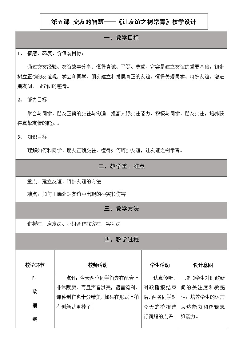 部编版道德与法治七年级上册 5 .1 让友谊之树常青 (2) (教案)01