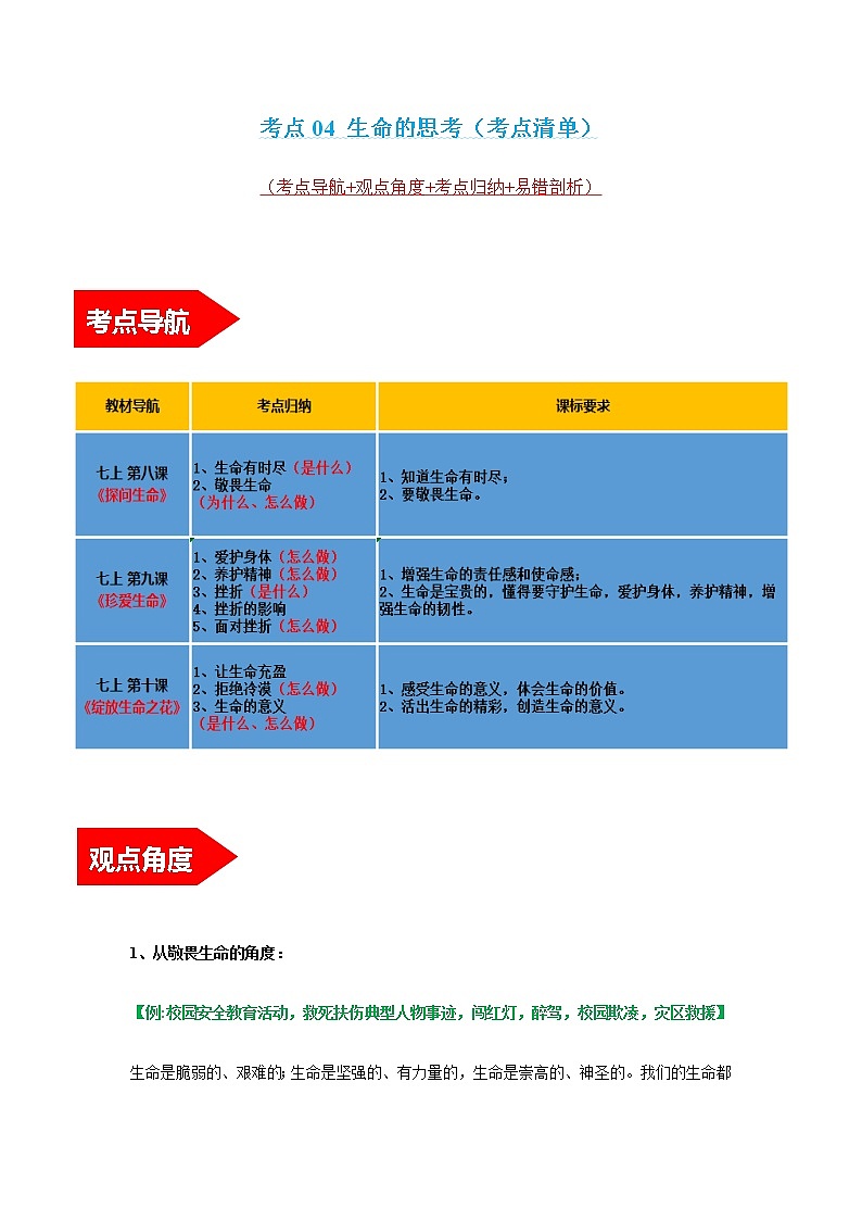 2022年中考道德与法治第一轮夯实基础靶向复习 考点04+生命的思考(考点清单)第1页