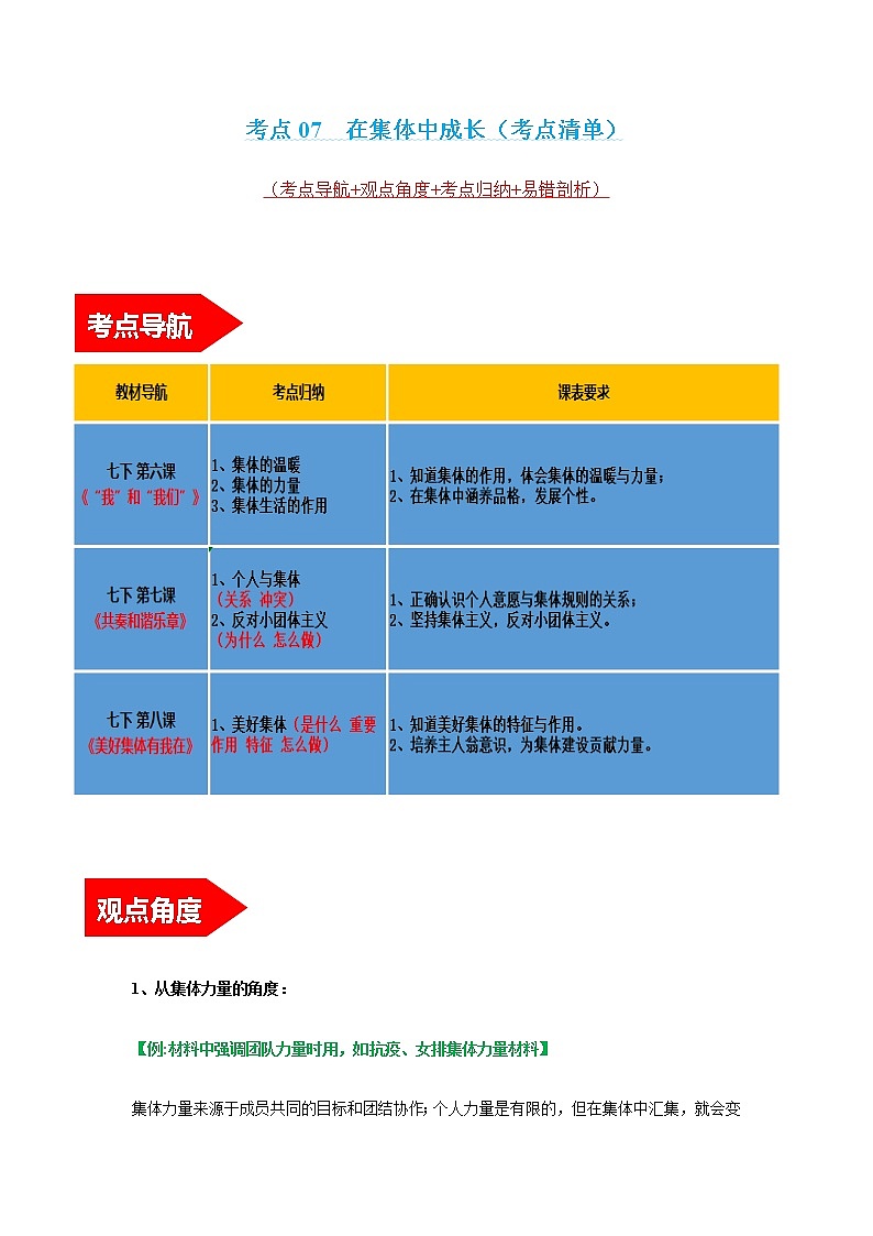 2022年中考道德与法治第一轮夯实基础靶向复习 专题07在集体中成长(考点清单)第1页