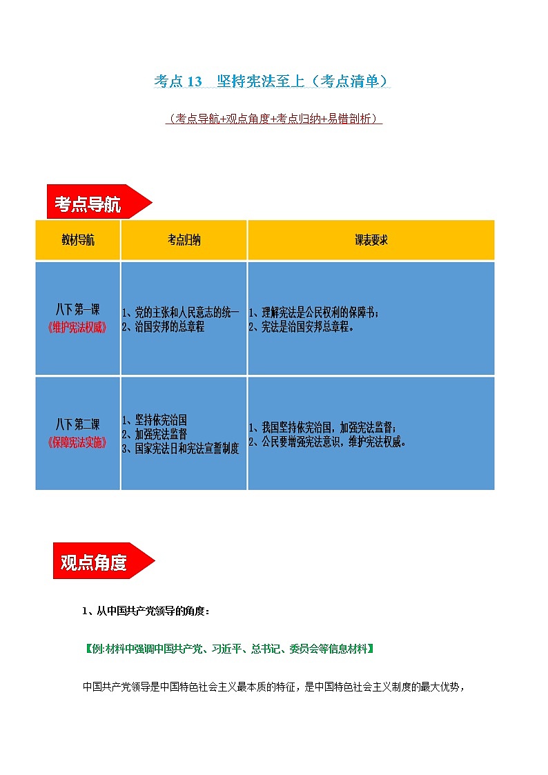 2022年中考道德与法治第一轮夯实基础靶向复习 考点13坚持宪法至上(考点清单)第1页
