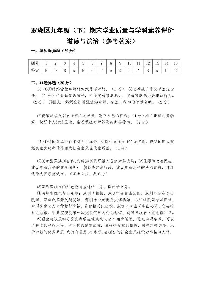 政治 — 罗湖区2022届初三参考答案第1页