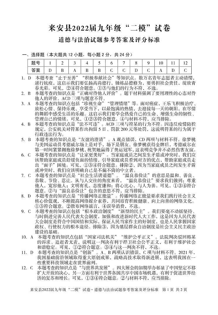 2022年安徽省滁州市来安县中考二模道德与法治答案第1页