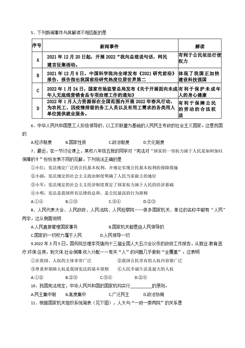 福建省福州市平潭一中教研片2021-2022+学年八年级下学期期中适应性道德与法治试题(含答案)第2页