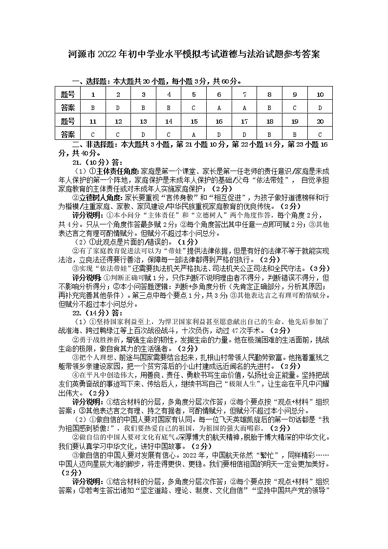 道德与法治--河源市2022年初中学业水平模拟考试道参考答案第1页
