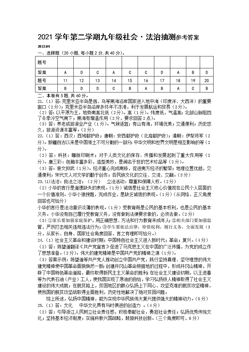 浙江省金华市婺城区2022年中考调研抽测一模社会法治(答案)第1页