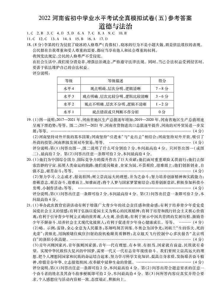 2022年河南省九年级初中学业水平考试全真模拟(五)道德与法治试题(含答案)01