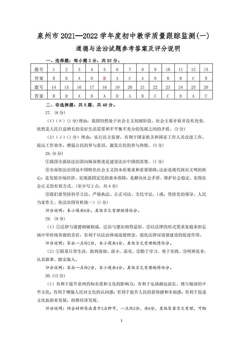 2022年福建省泉州市初中教学质量监测(一)道德与法治(答案)第1页