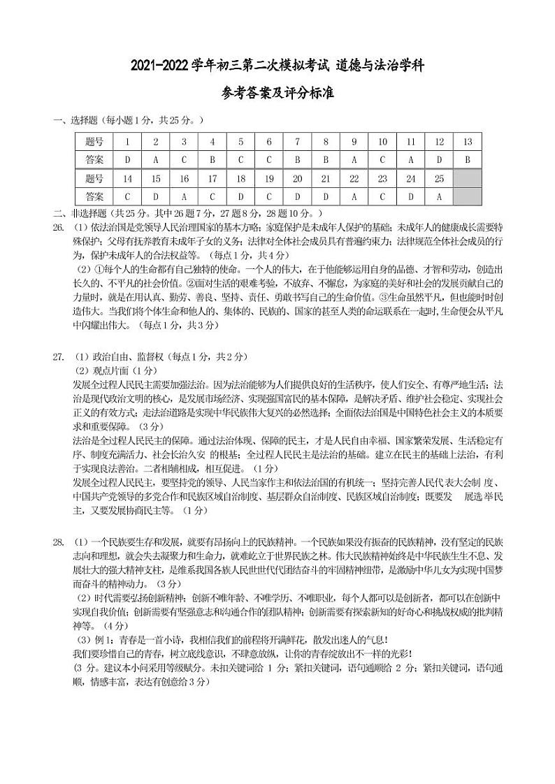 2022年江苏省扬州市中考二模道德与法治试卷(有答案)01