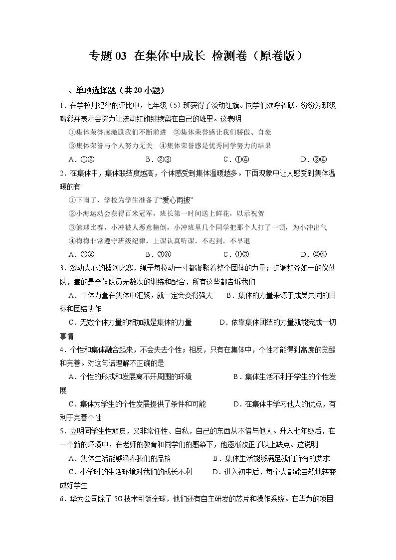 专题03   在集体中成长(专题过关）-2021-2022学年七年级道德与法治下学期期末考点大串讲（部编版）（原卷+解析）