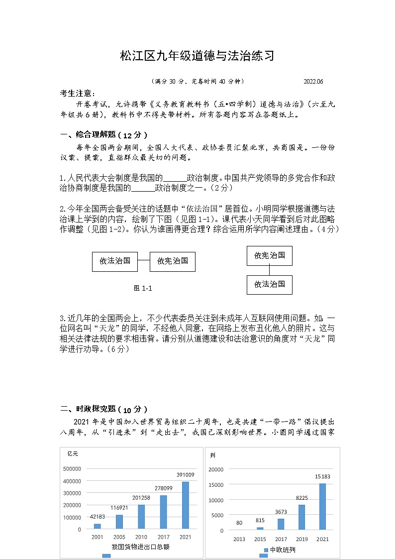 2022年上海市松江区初三6月线下中考二模道德与法治试卷(含答案)第1页