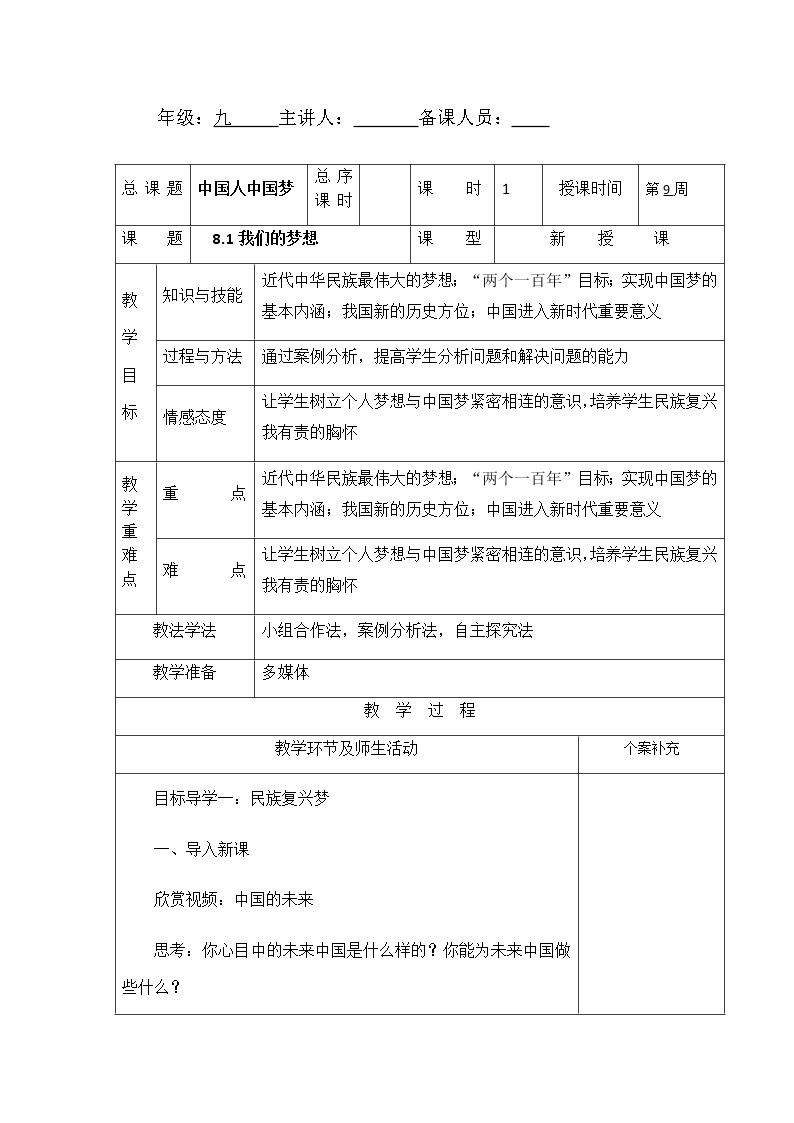 8.1 我们的梦想 教案01