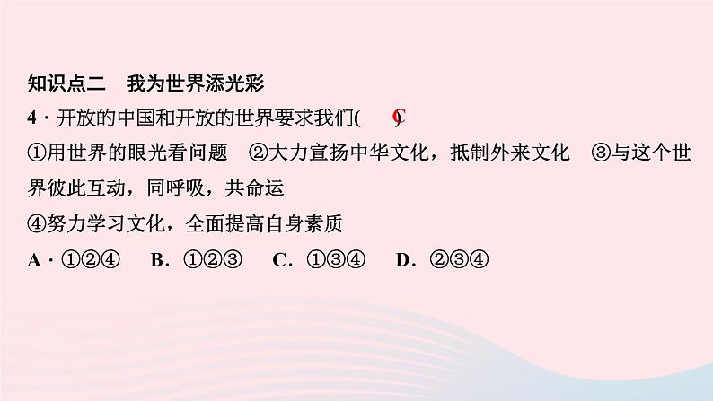 政治人教版九年级下册同步教学课件第3单元走向未来的少年第五课少年的担当第1课时走向世界大舞台作业第6页
