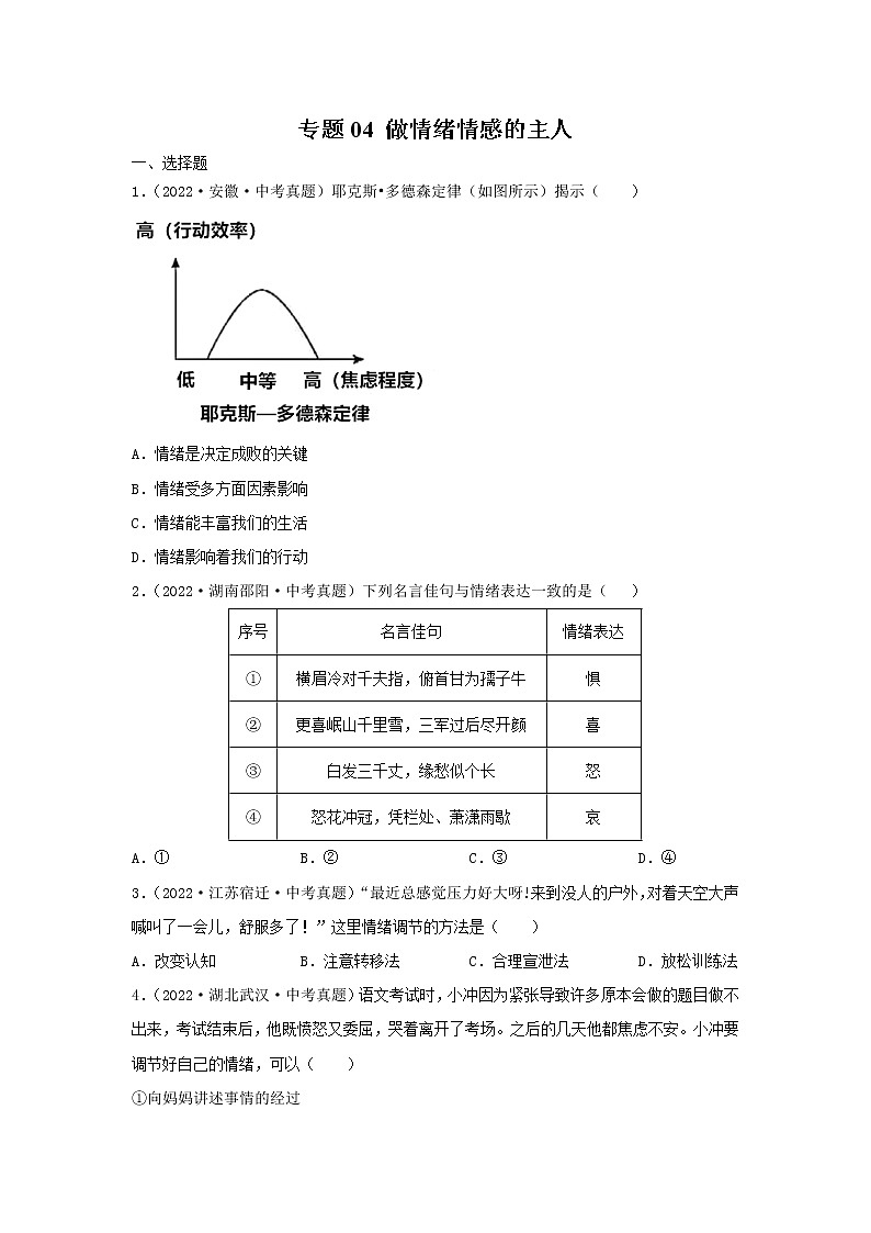 2020—2022年全国中考道德与法治真题分项汇编 专题04 做情绪情感的主人(学生卷+教师卷)01