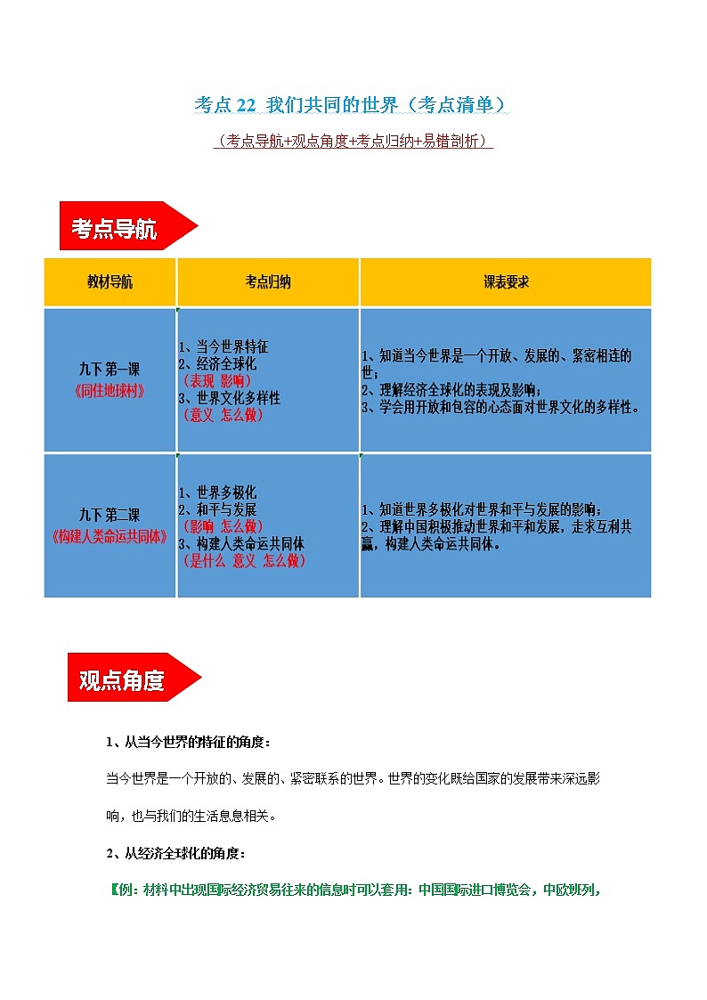 专题22 我们共同的世界 课件+考点清单+对点练习01