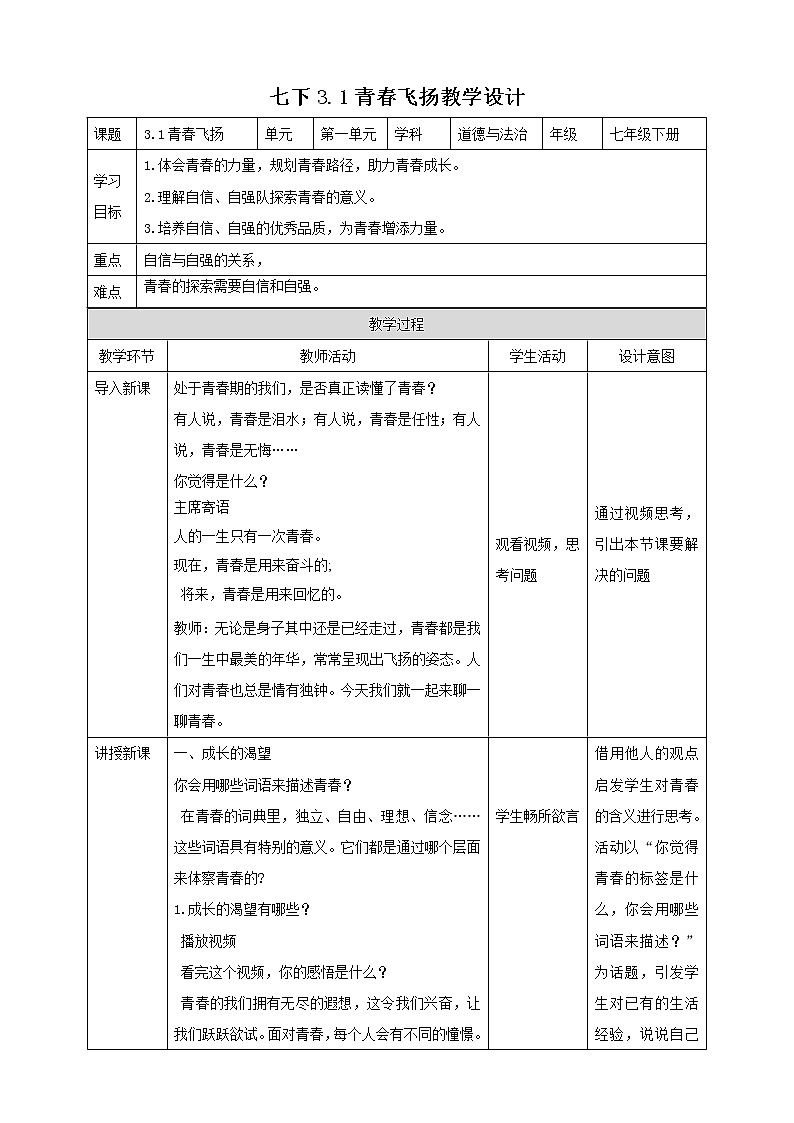 3.1青春飞扬 教案第1页
