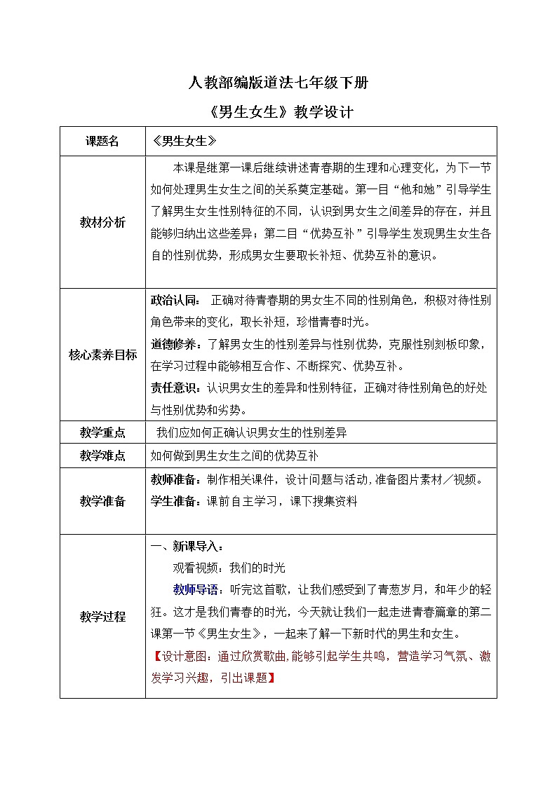 部编版7下道德与法治第二课第一框《男生女生》教案第1页