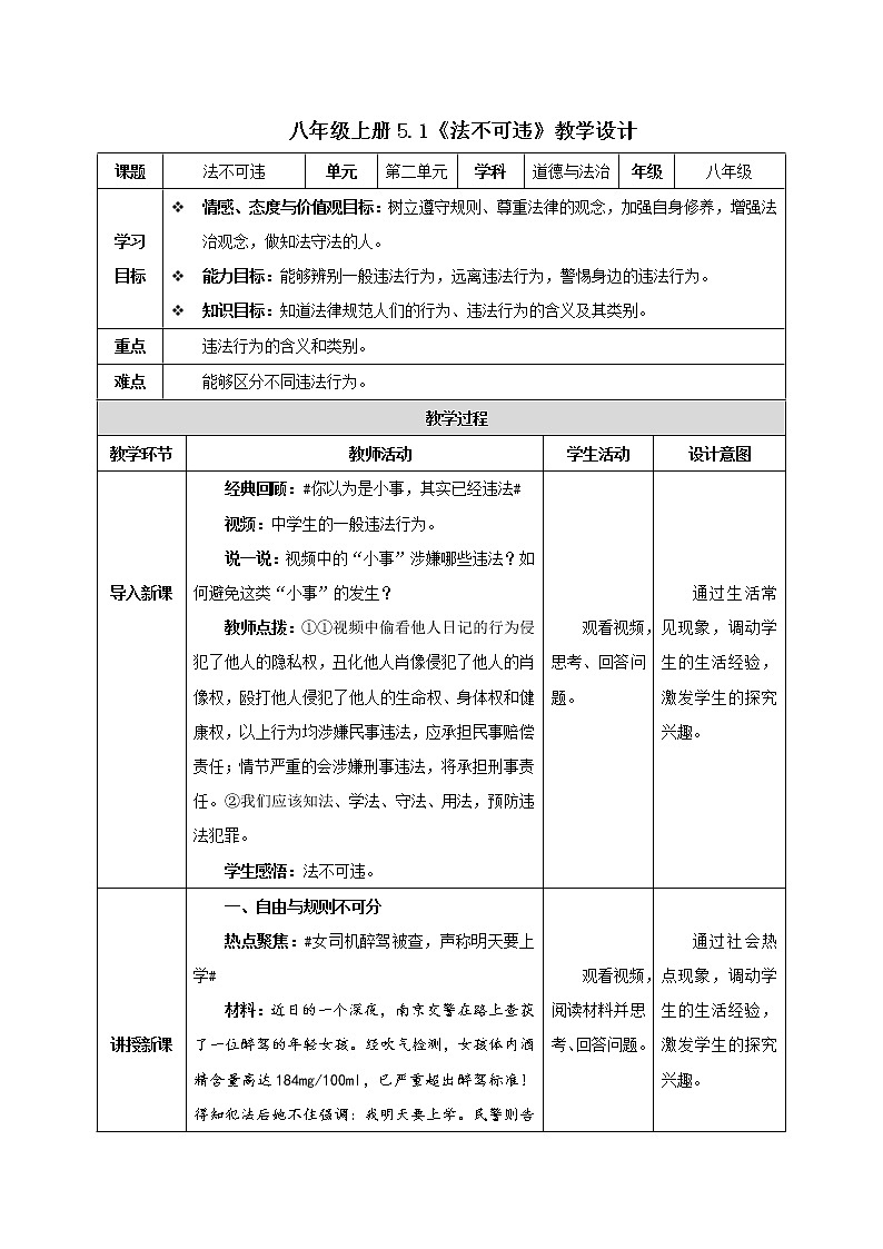 5.1 法不可违(教学设计)-2022-2023学年八年级道德与法治上册同步备课系列(部编版)第1页