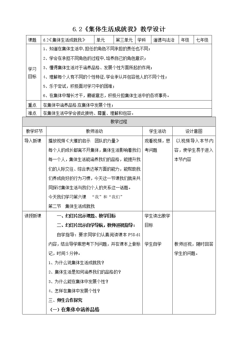 人教部编版道德与法治七年级下册 6.2《集体生活成就我》（课件+教学设计+学案+课时训练+视频素材） (1)01