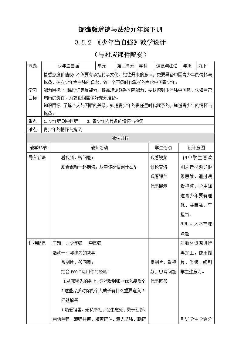 人教部编版道德与法治九年级下册 3.5.2 《少年当自强》【课件+教学设计+同步练习+素材】01