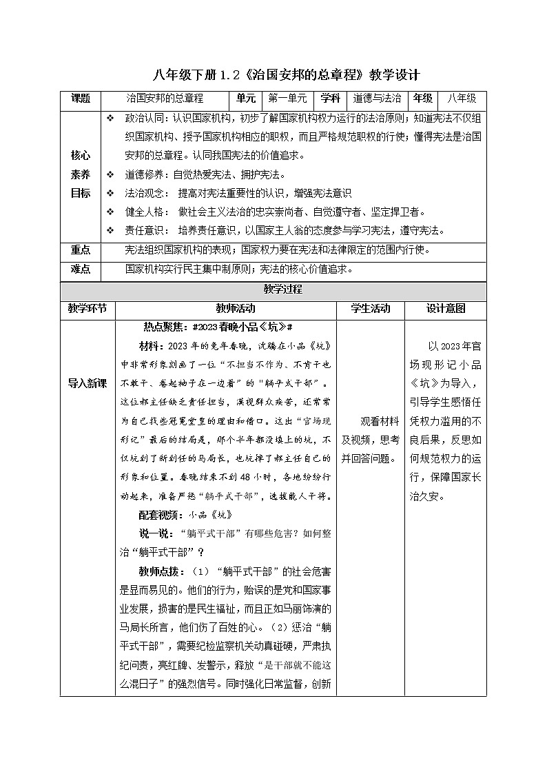 2023年部编版八年级道德与法治下册1.2 治国安邦的总章程 课件(含视频)+ 教案+导学案+同步练习含解析卷01