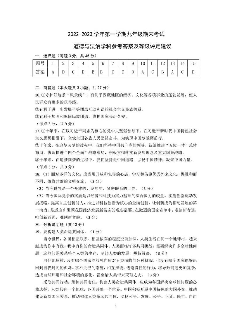 九年级道德与法治答案第1页