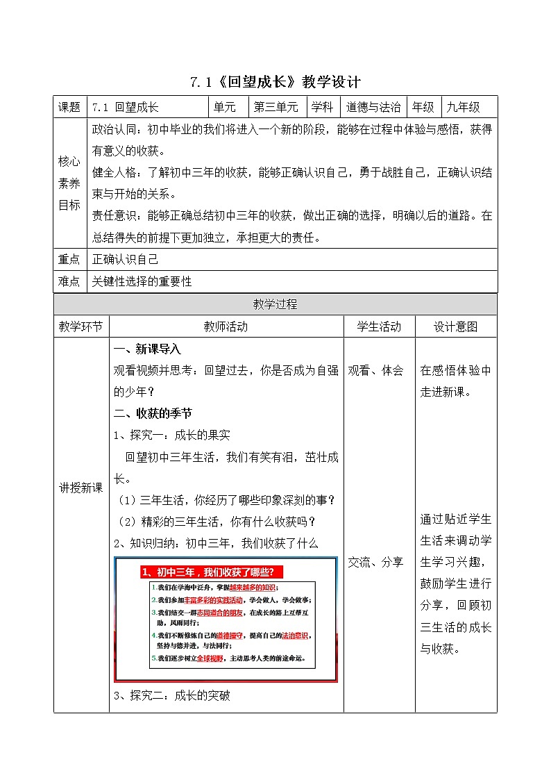 7.1《回望成长》教学设计-2022-2023学年部编版道德与法治九年级下册第1页