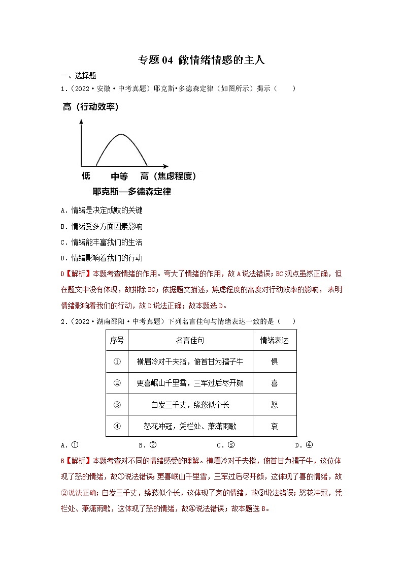 初中政治中考复习 专题04 做情绪情感的主人-三年(2020—2022)中考道德与法治真题分项汇编(全国通用) (解析版)第1页