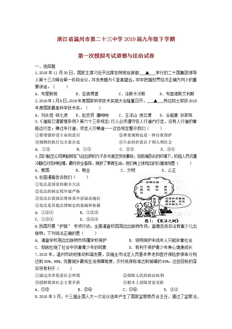 初中政治中考復(fù)習(xí) 浙江省溫州市第二十三中學(xué)2019屆九年級(jí)道德與法治下學(xué)期第一次模擬考試試卷 (1)第1頁(yè)