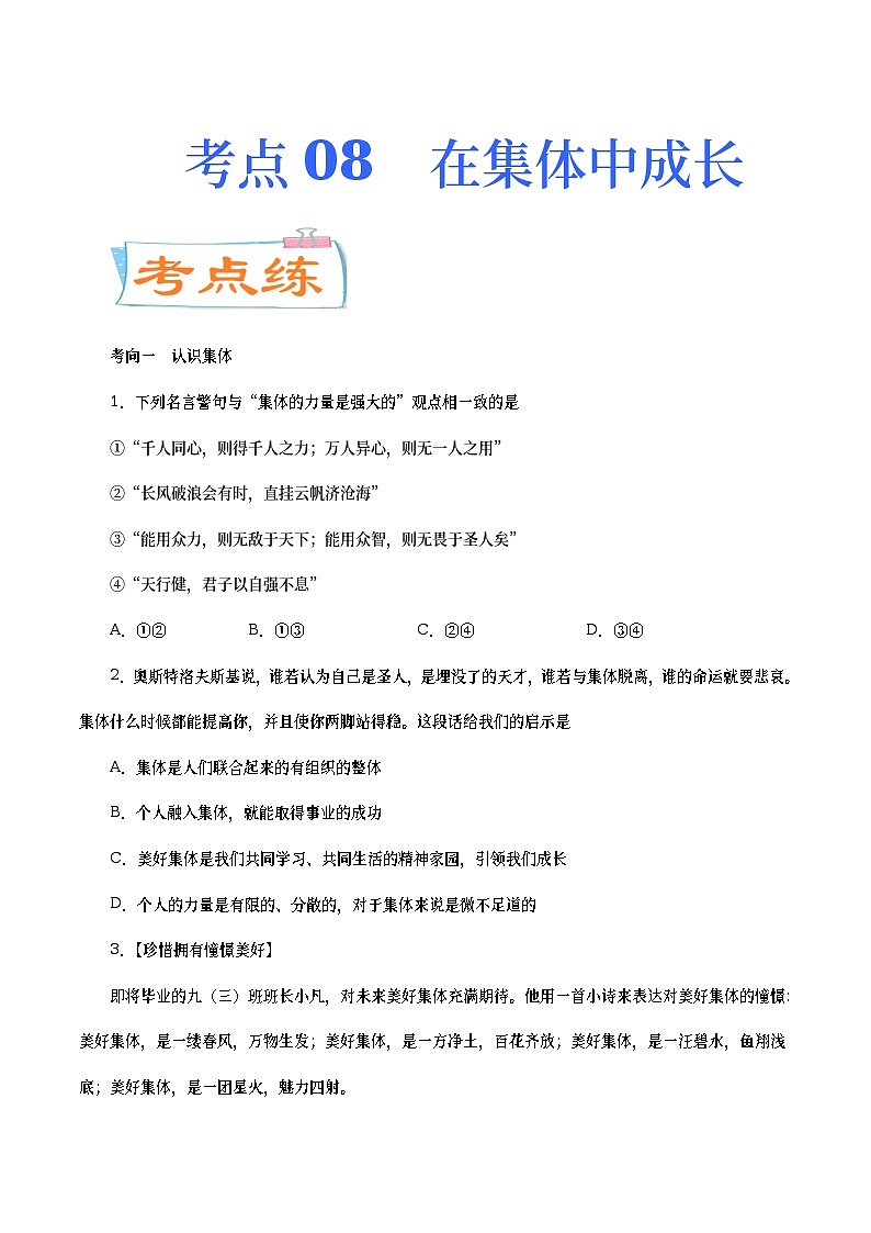 中考道德与法治二轮复习专题练习考点08 在集体中成长(考点专练) (含答案)第1页