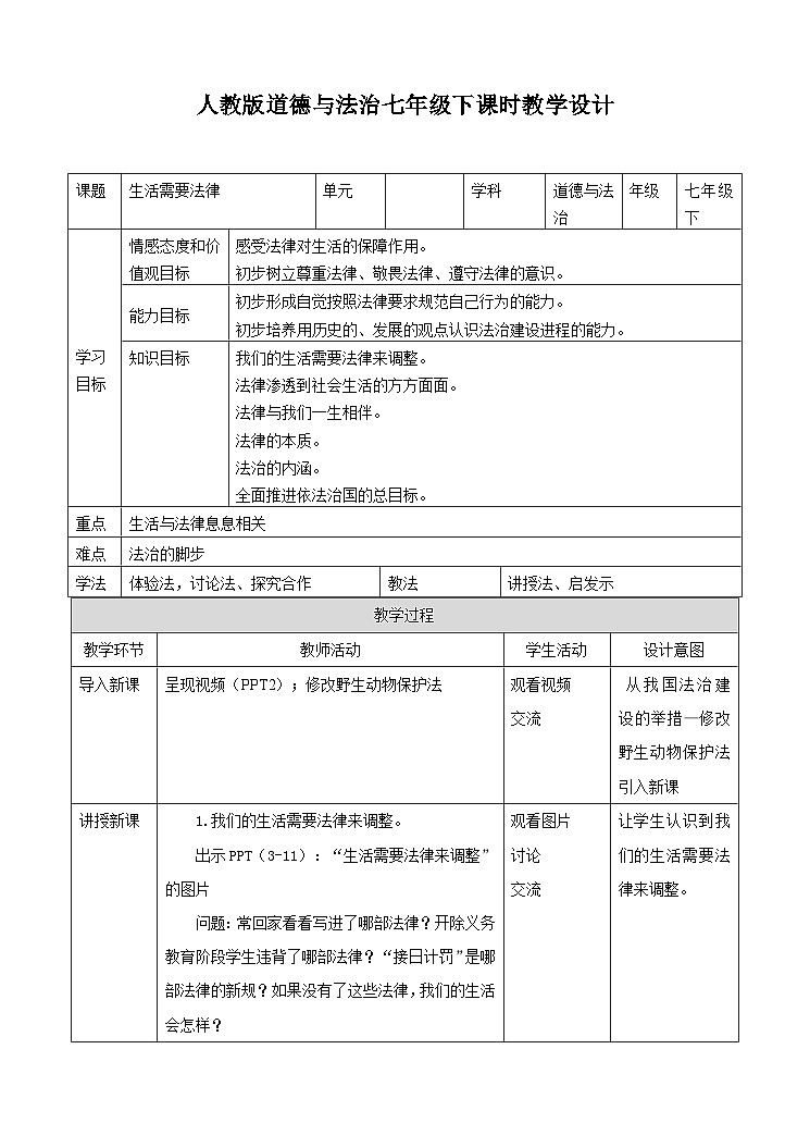 部编版七年级道德与法治下册--9.1生活需要法律(教学设计)01