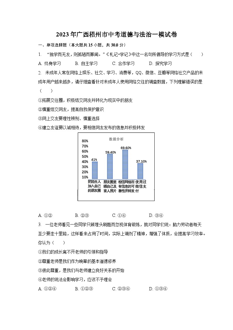 2023年广西梧州市中考道德与法治一模试卷(含解析)第1页