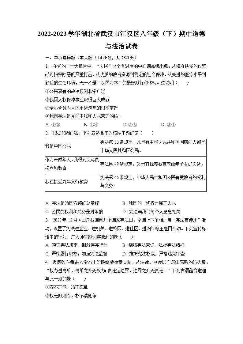 湖北省武汉市江汉区2022-2023学年八年级下学期期中道德与法治试卷01
