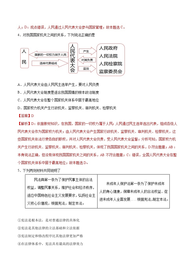 【期末专项训练】2021-2022学年八年级下册道德与法治-冲刺专项训练01 选择题（解析版+原卷版）02