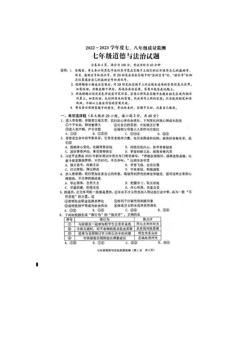 广东省普宁市2022-2023学年七年级下学期质量监测道德与法治试卷01