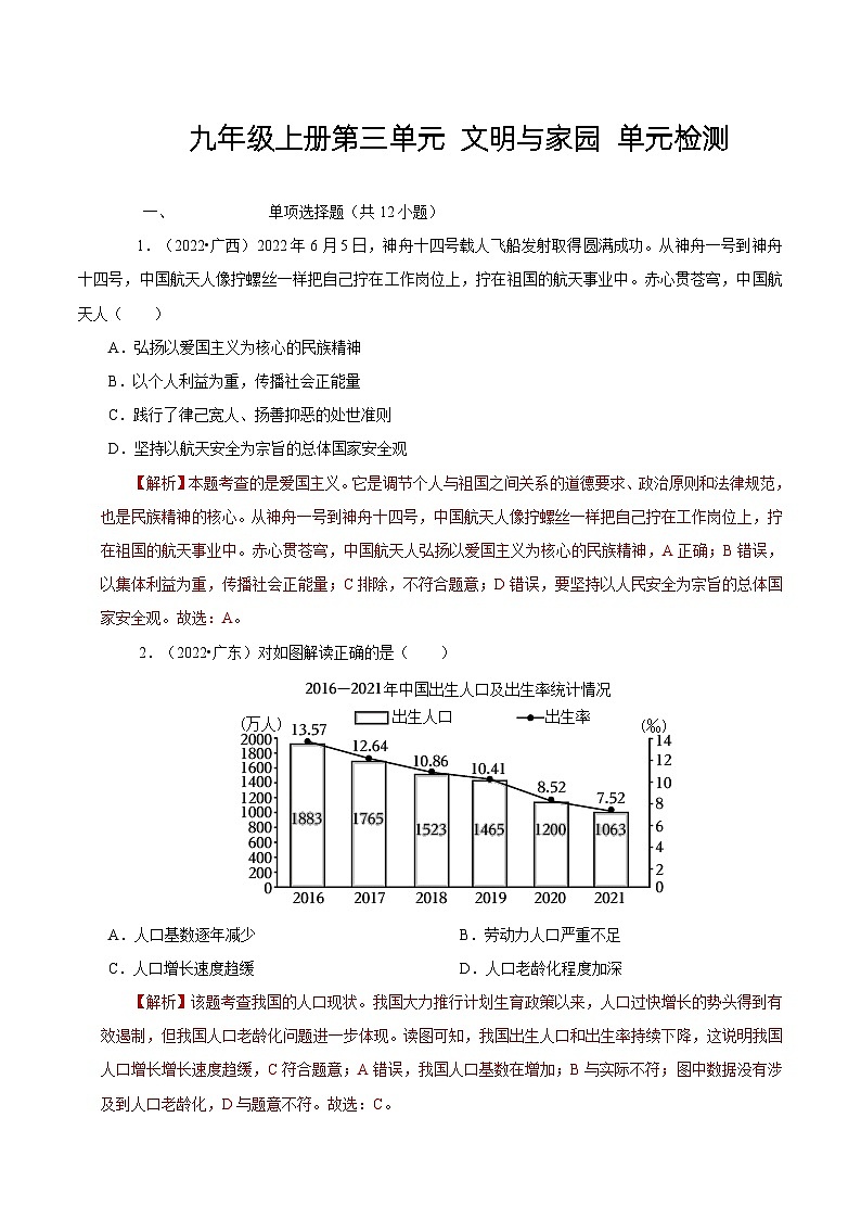 人教部编版道德与法治九年级上册第三单元 《文明与家园》(单元检测)(含答案)01