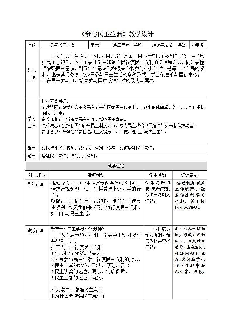 部编版道德与法治九上3.2《参与民主生活》课件+教案01