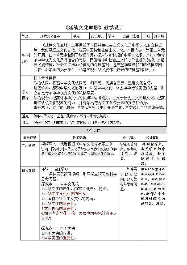 部编版道德与法治九上5.1《延续文化血脉》课件+教案01