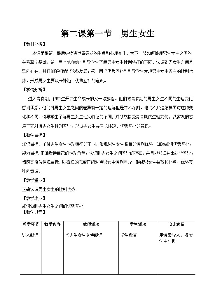 初中道德与法治 统编版(五四学年) 七年级全册 2.1男生女生 教案01