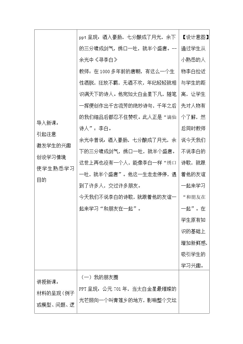 【同步教案】部编版道德与法治七年级上册--4.1 和朋友在一起  教案（表格式）02