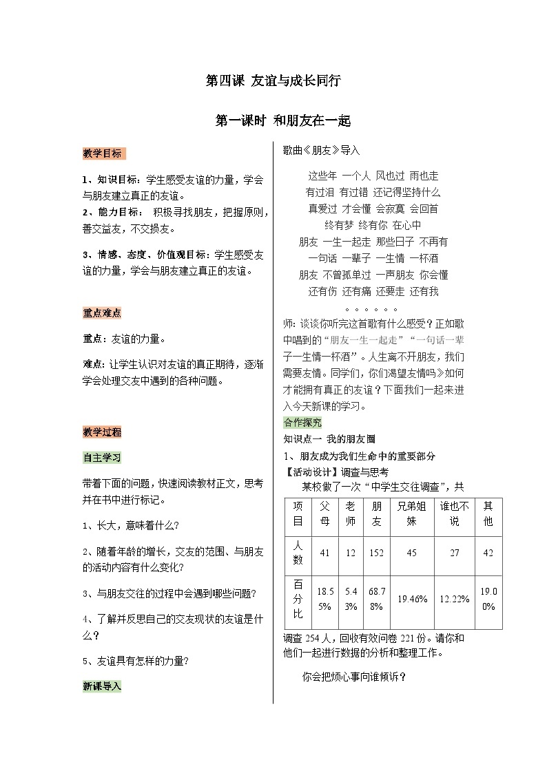 【同步教案】部编版道德与法治七年级上册--2.4.1和朋友在一起 教案01