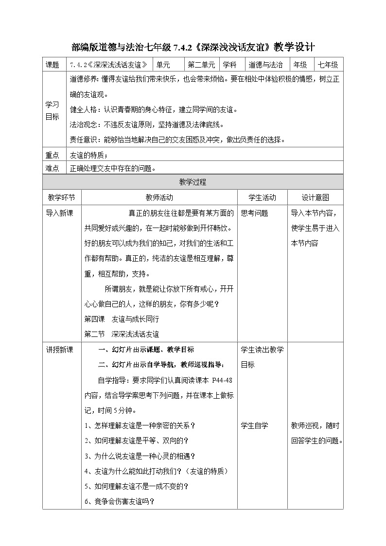 【核心素养】 7.4.2《深深浅浅话友谊》教案01