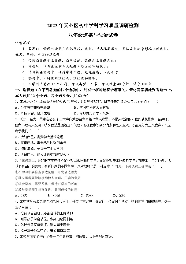 湖南省长沙市天心区2023-2024学年八年级上学期开学考道德与法治试题(无答案)01