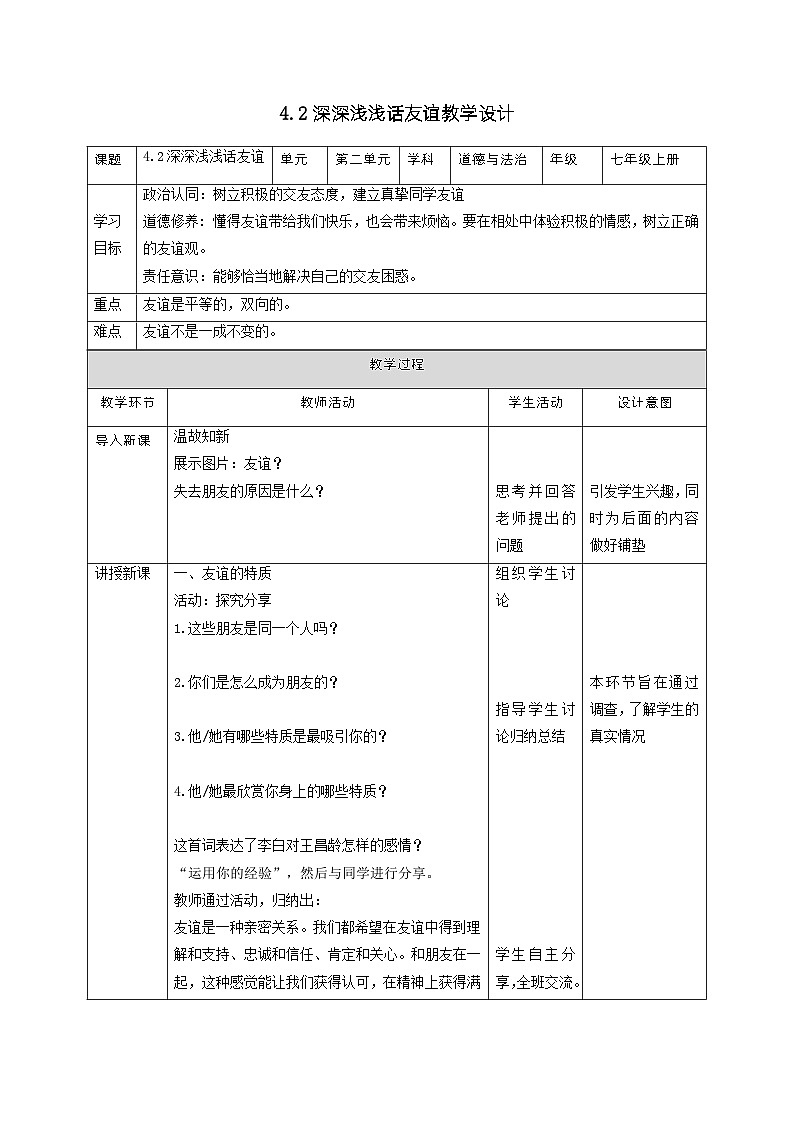 部编版道德与法治七年级上册 4.2深深浅浅话友谊(教学设计)第1页