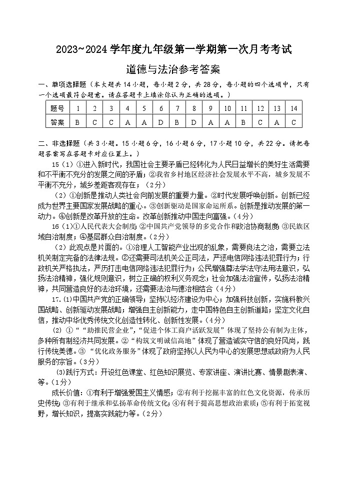 江苏省宿迁市沭阳县如东实验学校2023-2024学年九年级上学期第一次月考道德与法治试卷01