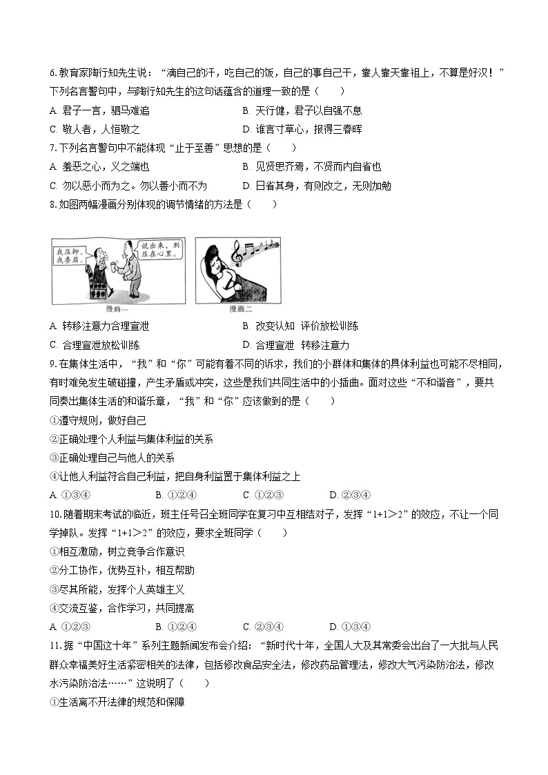 2022-2023学年安徽省淮南市凤台县七年级（下）期末道德与法治试卷(含答案解析)02