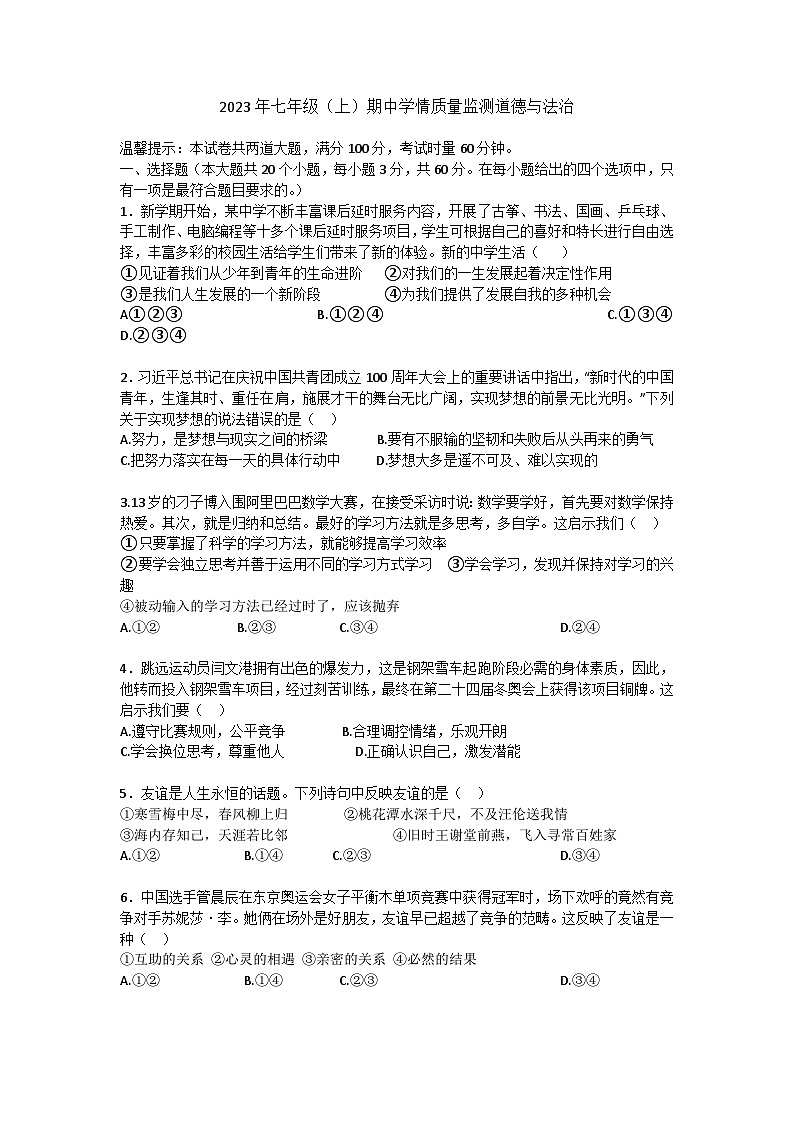 湖南省邵阳市新邵县2023-2024学年七年级上学期11月期中道德与法治试题第1页