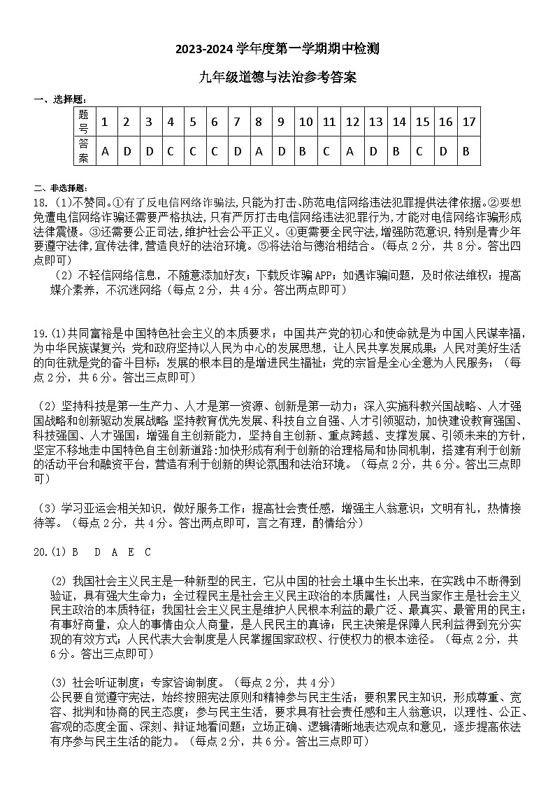 2023-2024第一学期期中九年级政治 参考答案第1页
