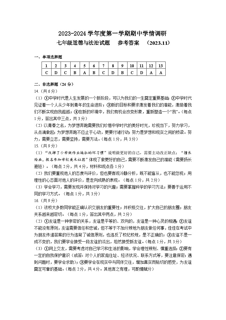 江苏省徐州市丰县2023-2024学年七年级上学期期中学情调研道德与法治试卷01