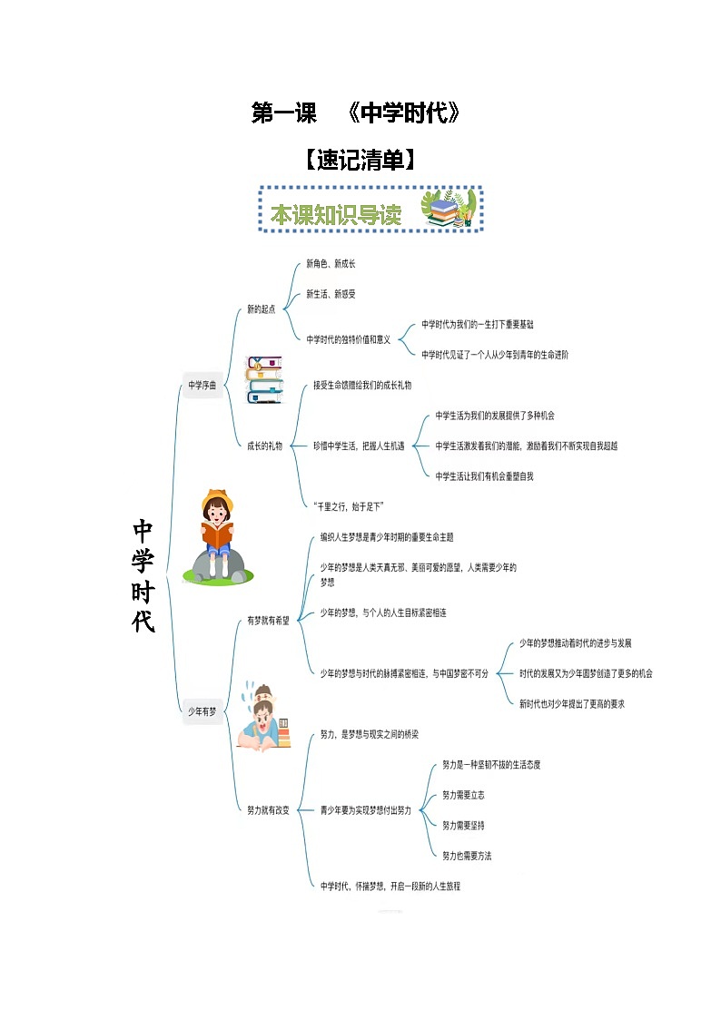 2023-2024学年七年级道德与法治上册(部编版)期中考点大串讲 第一课 中学时代【速记清单】第1页
